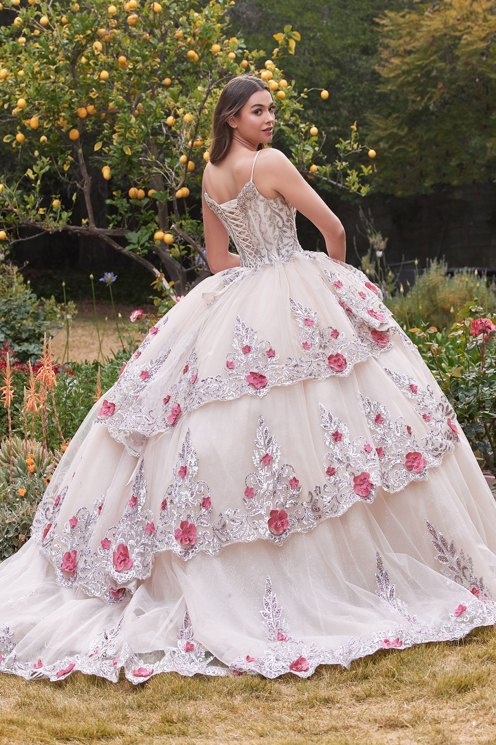 Layered Tulle Quince Ball Gown With Foral Applique-1