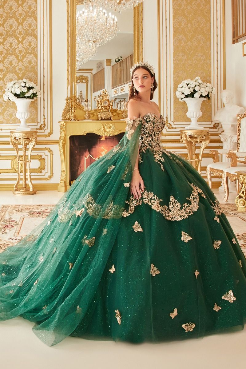 Strapless Layered Tulle Emerald Ball Gown-1