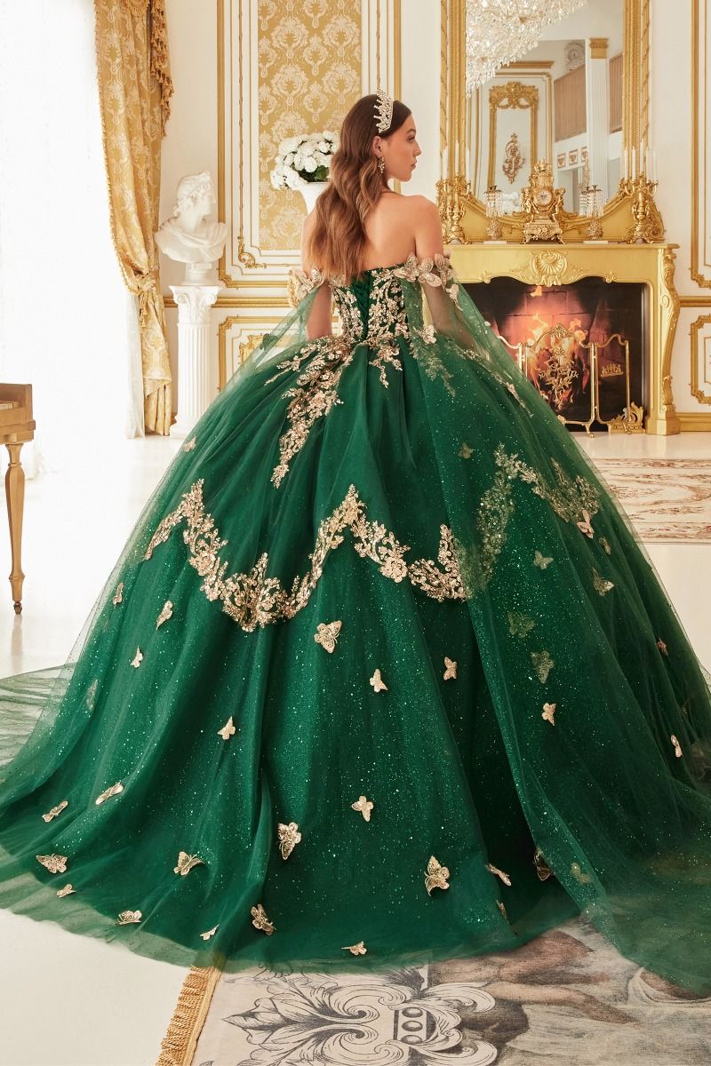 Strapless Layered Tulle Emerald Ball Gown-2