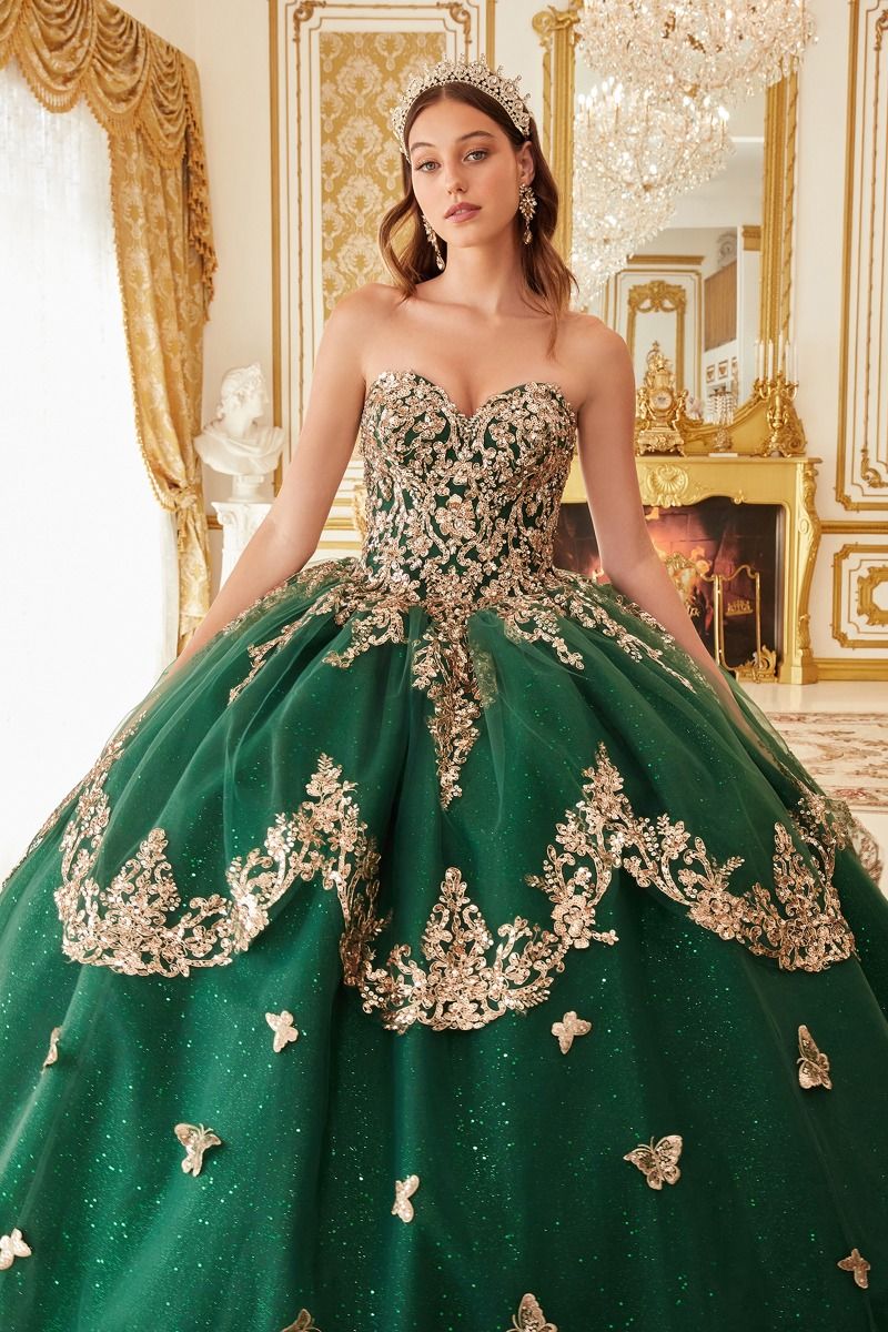 Strapless Layered Tulle Emerald Ball Gown-3