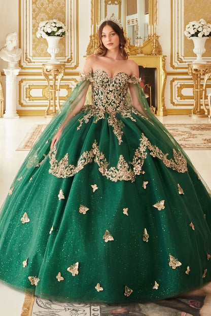 Strapless Layered Tulle Emerald Ball Gown-0