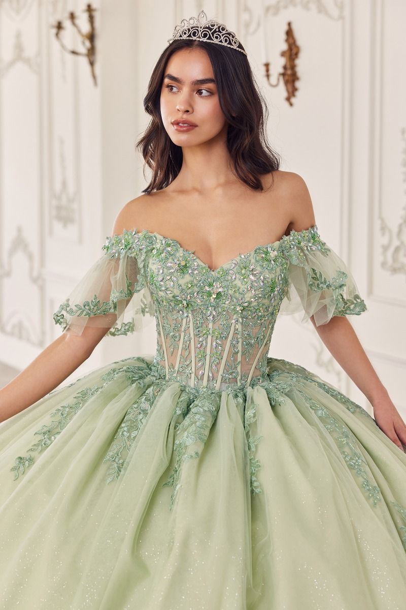 OFF THE SHOULDER FLUTTER SLEEVE BALL GOWN CD15725-0