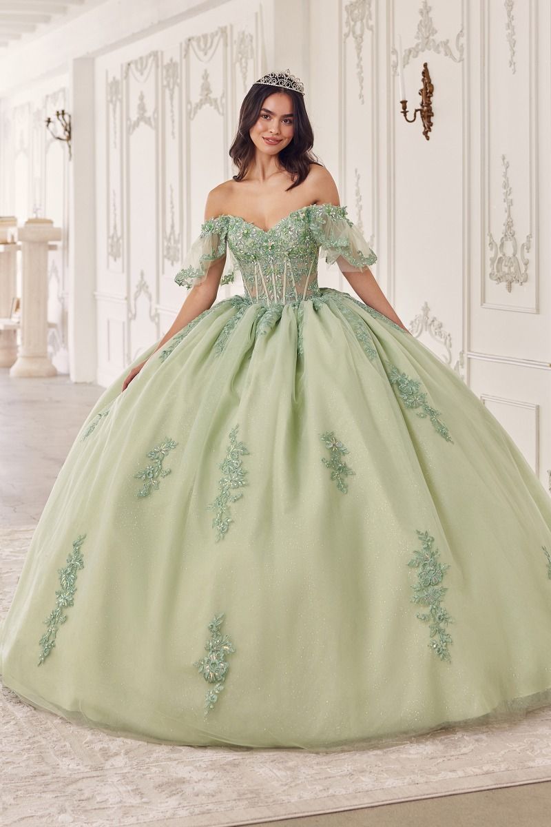 OFF THE SHOULDER FLUTTER SLEEVE BALL GOWN CD15725-2