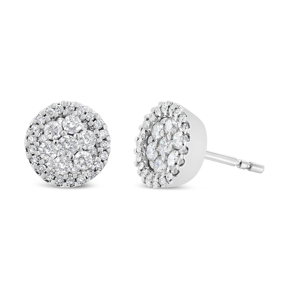 AGS Certified 14K White Gold 1.0 Cttw Brilliant-Cut Diamond Halo-Style Cluster Round Button Stud Earrings (G-H Color, I1-I2 Clarity)-1