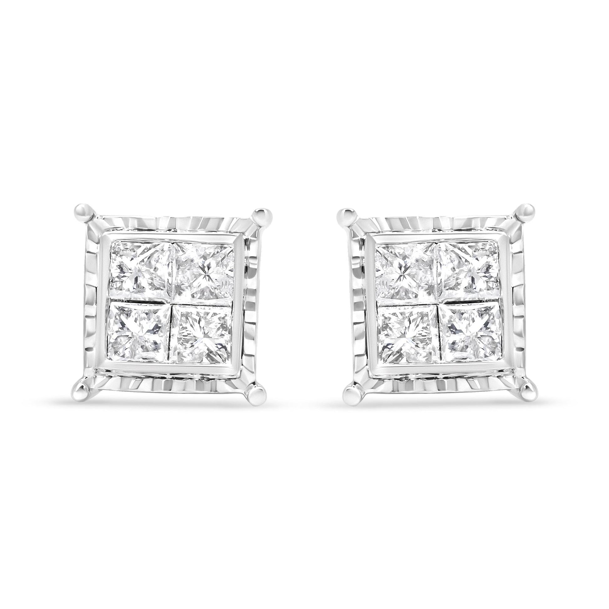 14K White Gold 1 1/2 Cttw Invisible Set Princess-Cut Diamond Contemporary Wavy Quad Stud Earrings (I-J Color, I1-I2 Clarity)-1