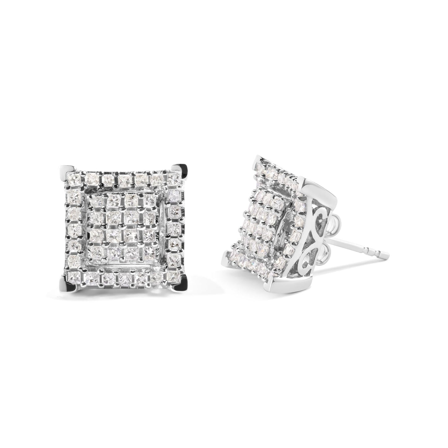 10K White Gold 1 1/4 Cttw Princess Diamond Composite Double Square and Halo Stud Earrings (I-J Color, I1-I2 Clarity)-1