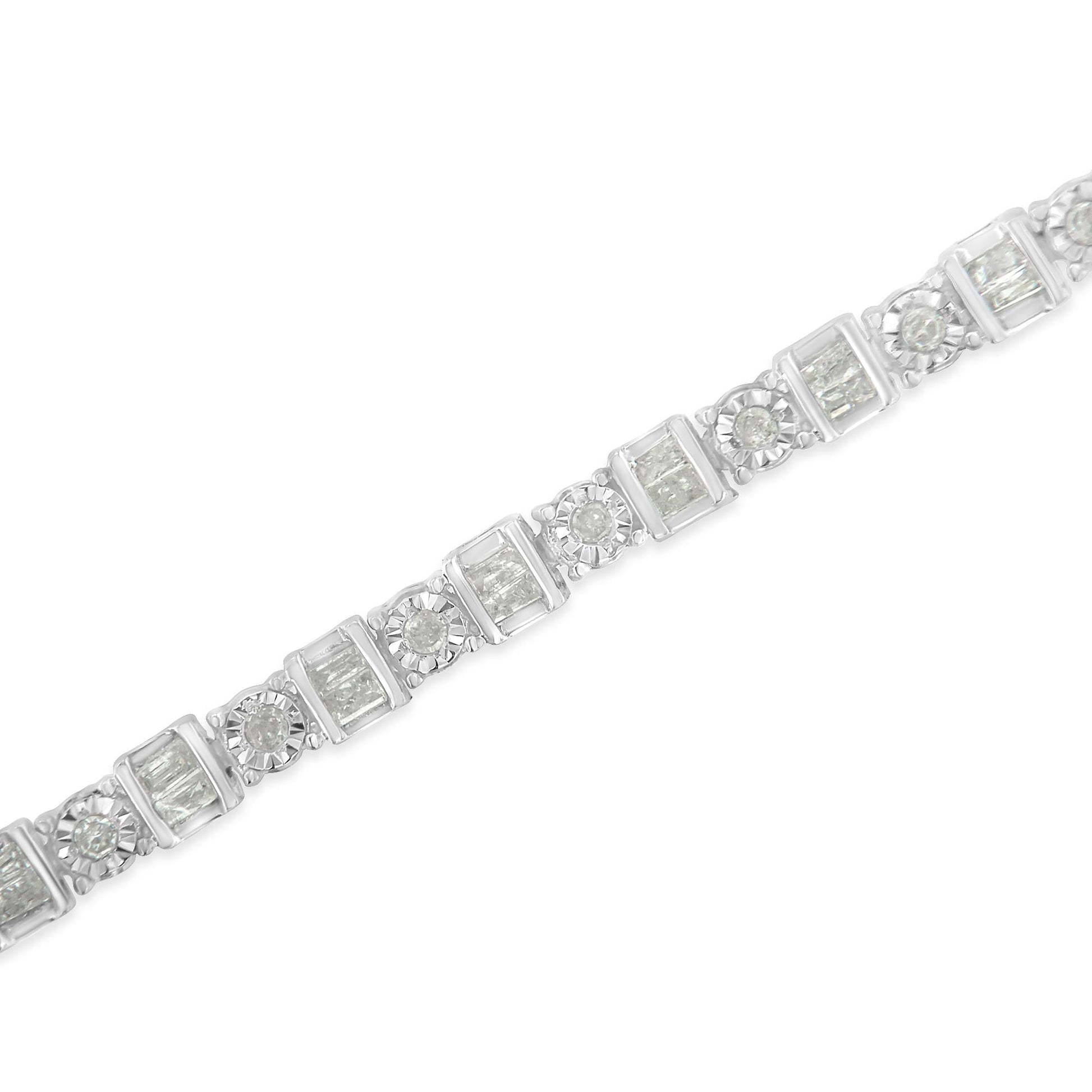 .925 Sterling Silver 1.0 Cttw Round & Baguette Cut Diamond 7" Alternating Round and Square Station Tennis Bracelet (I-J Color, I3 Clarity)-2