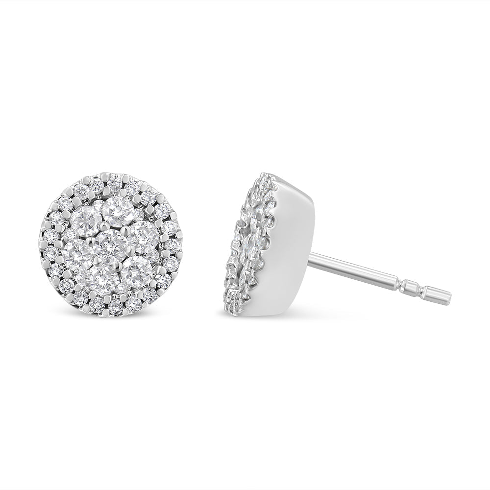 AGS Certified 14K White Gold 1.0 Cttw Brilliant-Cut Diamond Halo-Style Cluster Round Button Stud Earrings (G-H Color, I1-I2 Clarity)-2