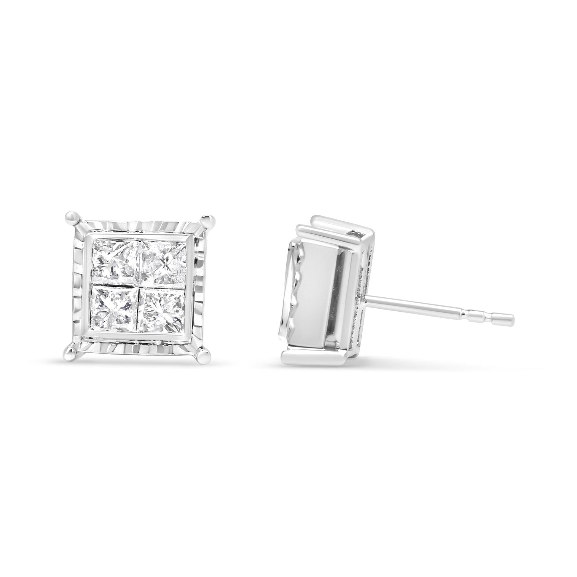 14K White Gold 1 1/2 Cttw Invisible Set Princess-Cut Diamond Contemporary Wavy Quad Stud Earrings (I-J Color, I1-I2 Clarity)-2
