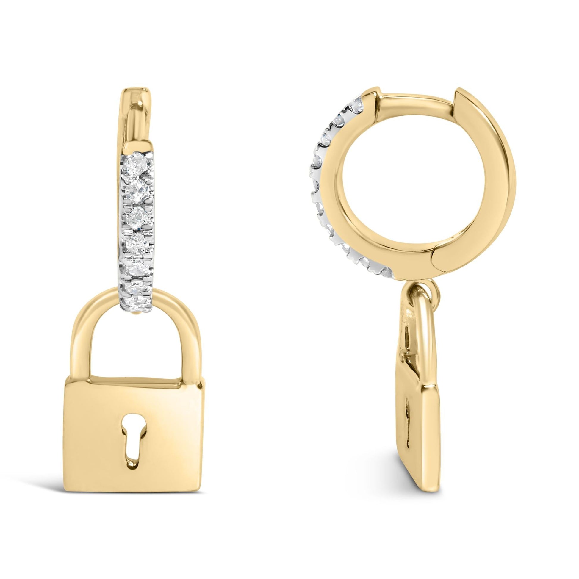 14K Yellow Gold Plated .925 Sterling Silver 1/6 Cttw Diamond Lock Hoop Earring (I-J Color, I3 Clarity)-2