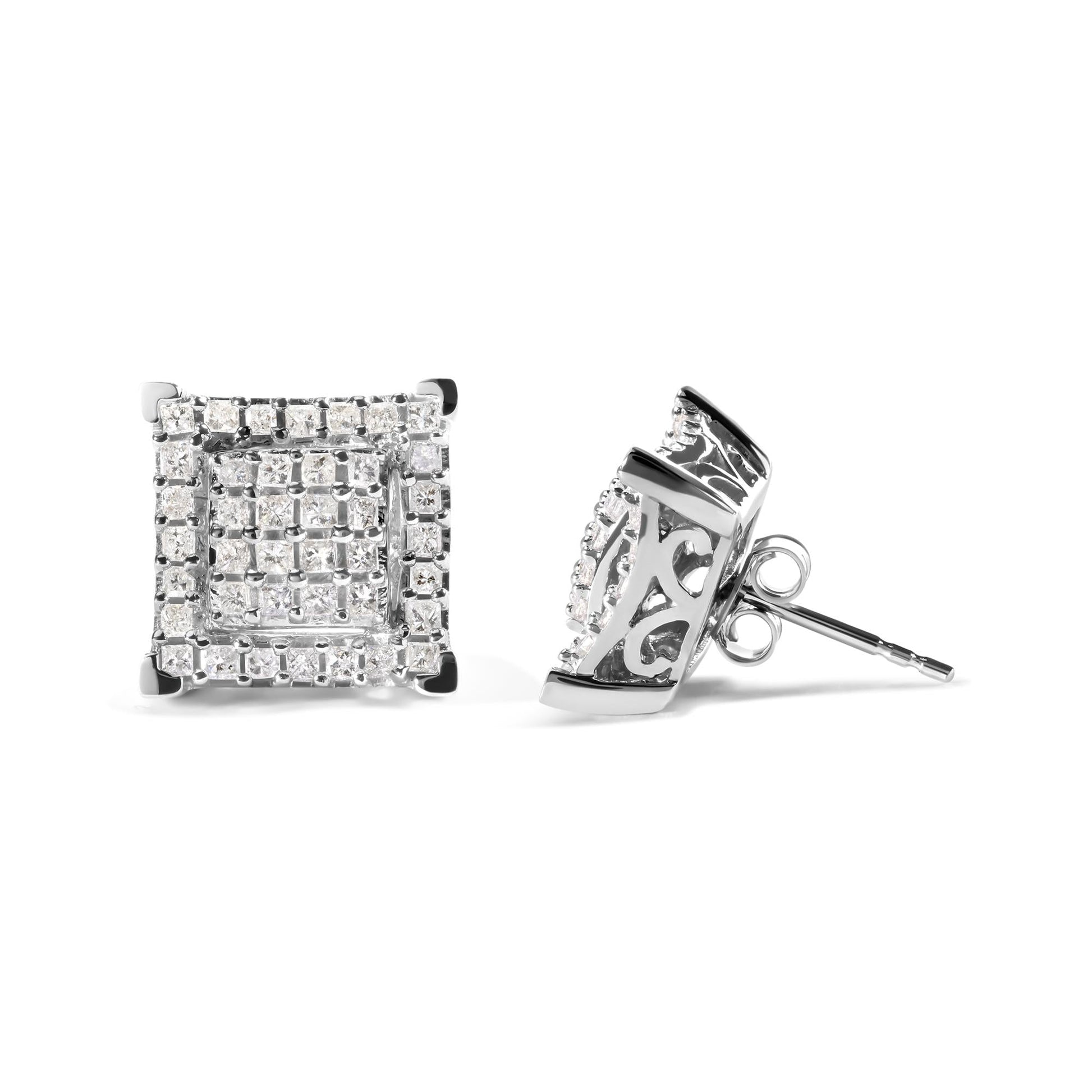 10K White Gold 1 1/4 Cttw Princess Diamond Composite Double Square and Halo Stud Earrings (I-J Color, I1-I2 Clarity)-2