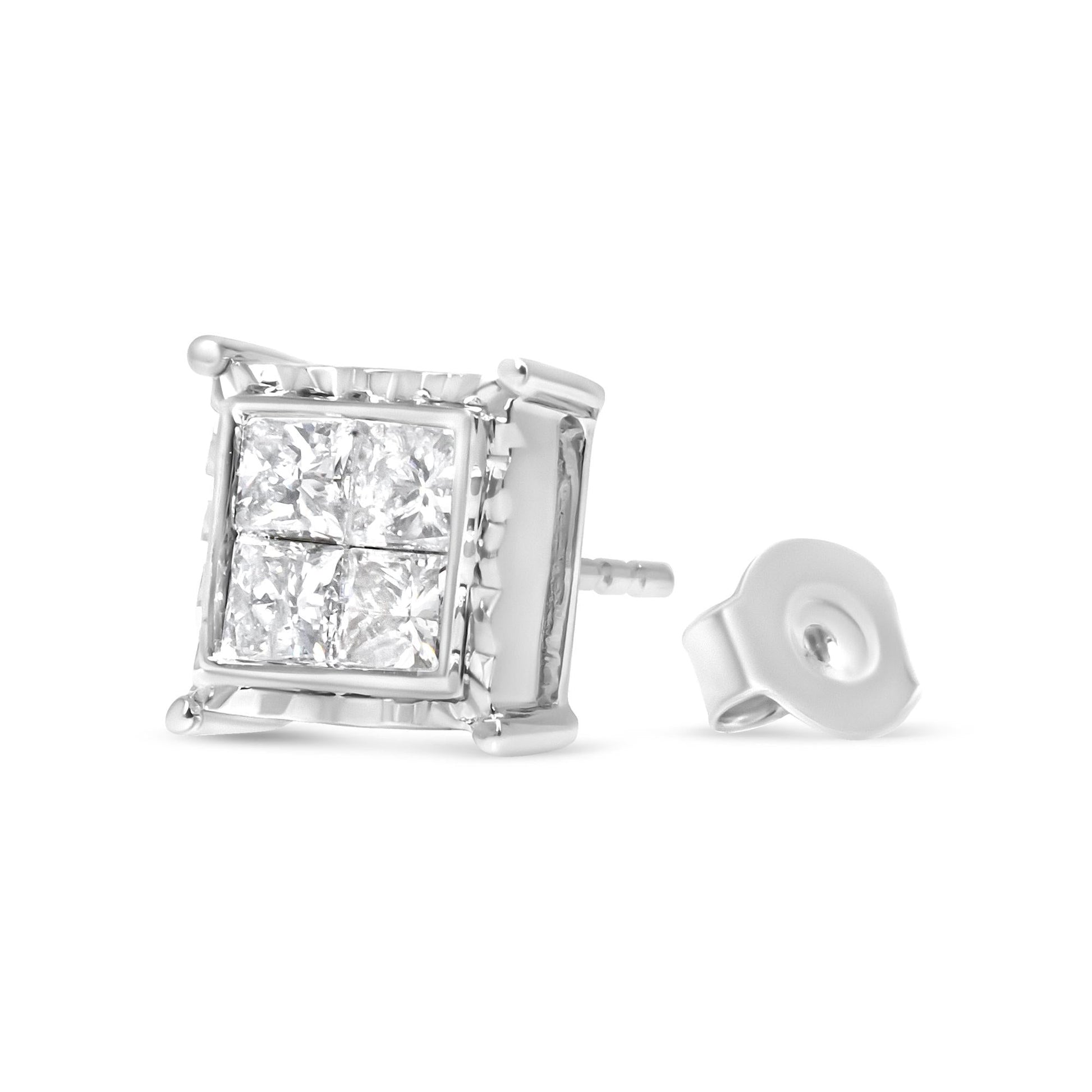 14K White Gold 1 1/2 Cttw Invisible Set Princess-Cut Diamond Contemporary Wavy Quad Stud Earrings (I-J Color, I1-I2 Clarity)-3