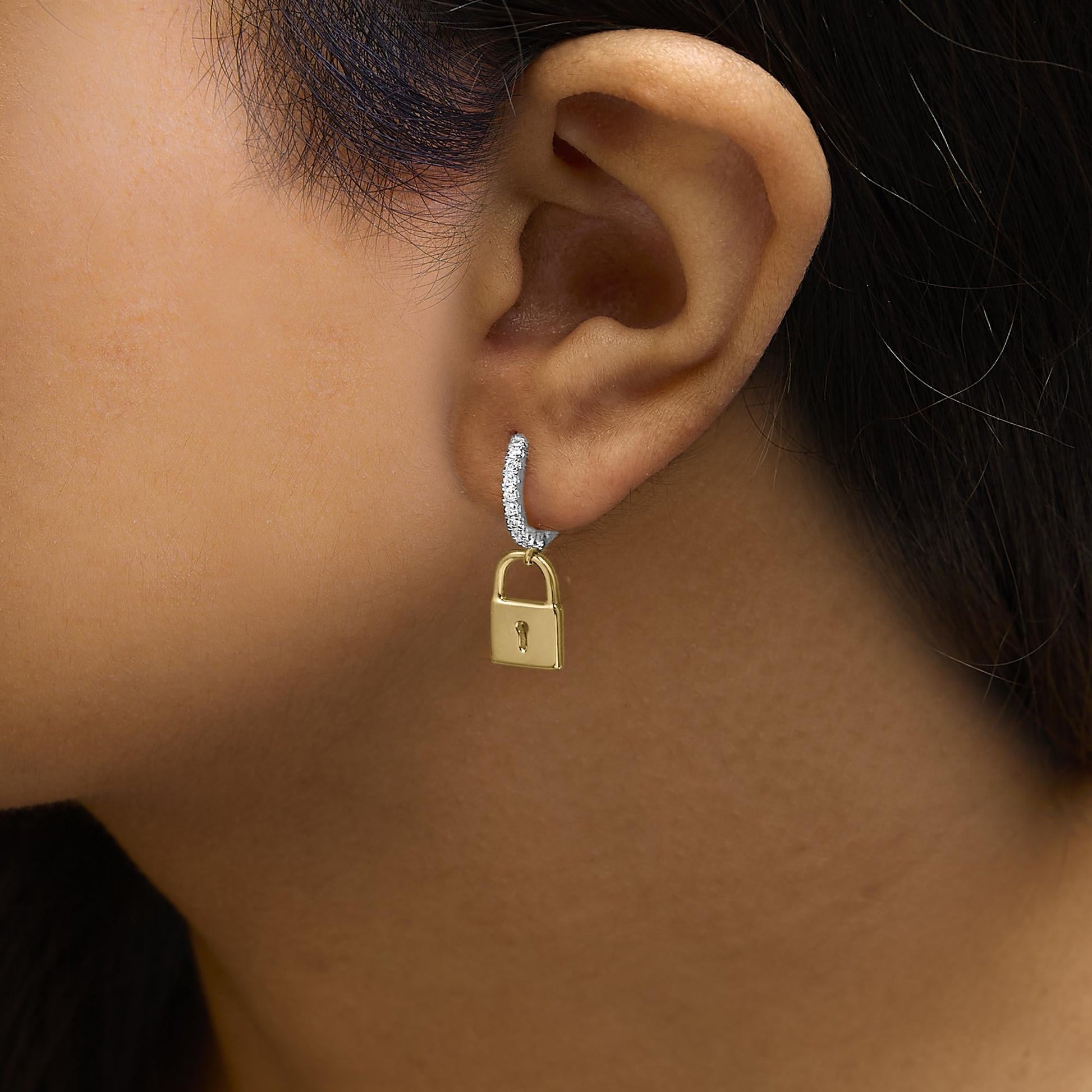 14K Yellow Gold Plated .925 Sterling Silver 1/6 Cttw Diamond Lock Hoop Earring (I-J Color, I3 Clarity)-3