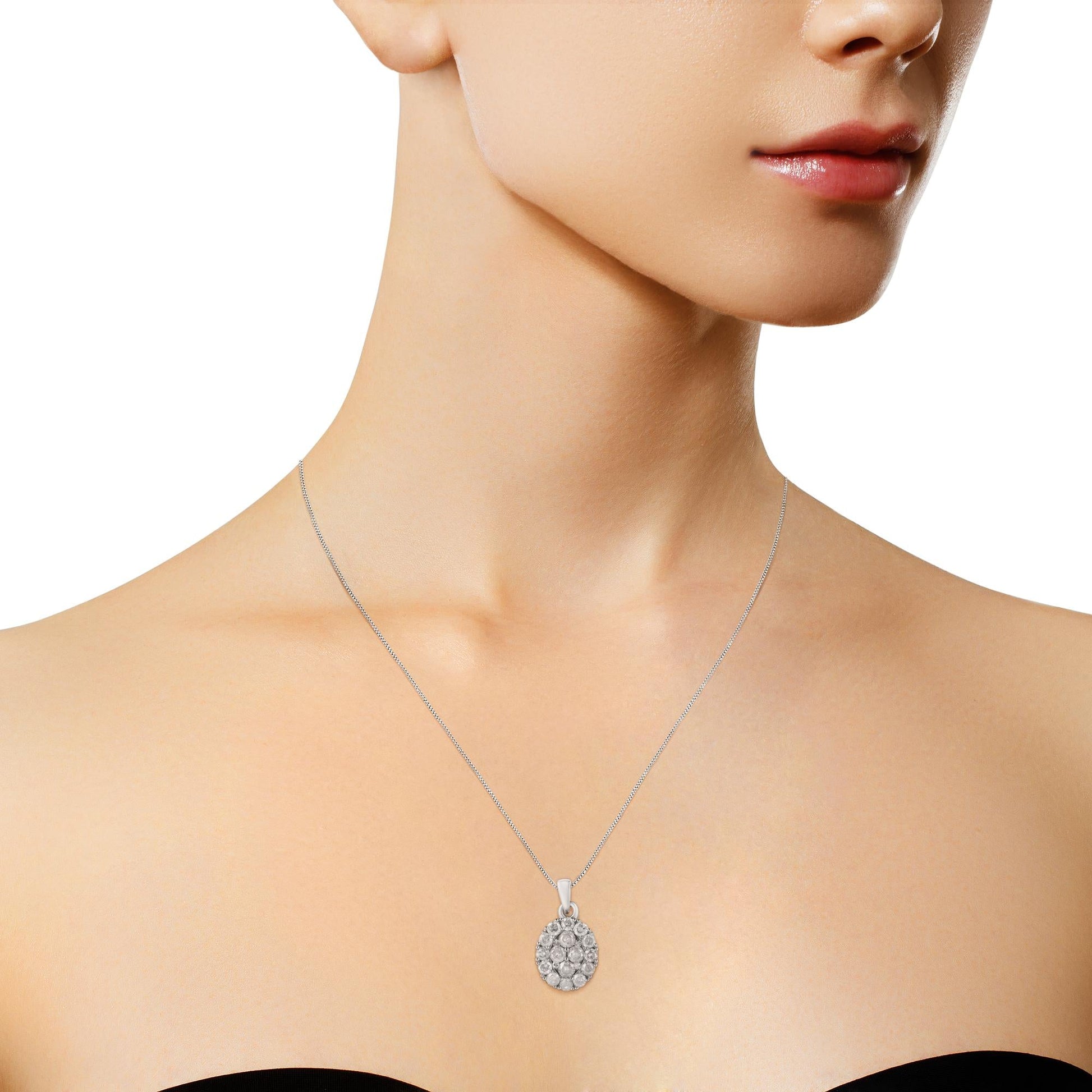.925 Sterling Silver 1 1/2 Cttw Diamond Oval Cluster Pendant Necklace (I-J Color, I2-I3 Clarity) - 18"-3