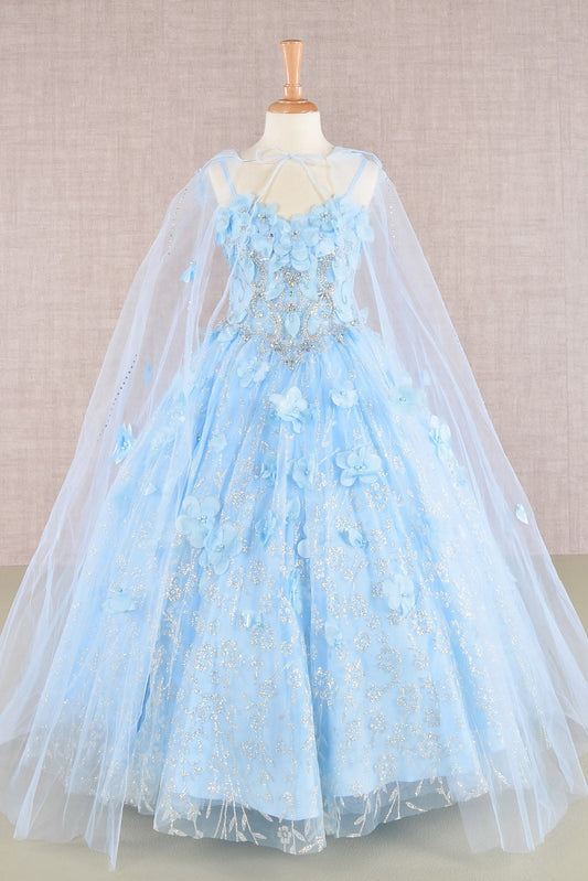 3D Flower Applique Jewel Mesh Kids Dress with Long Mesh Cloak-0