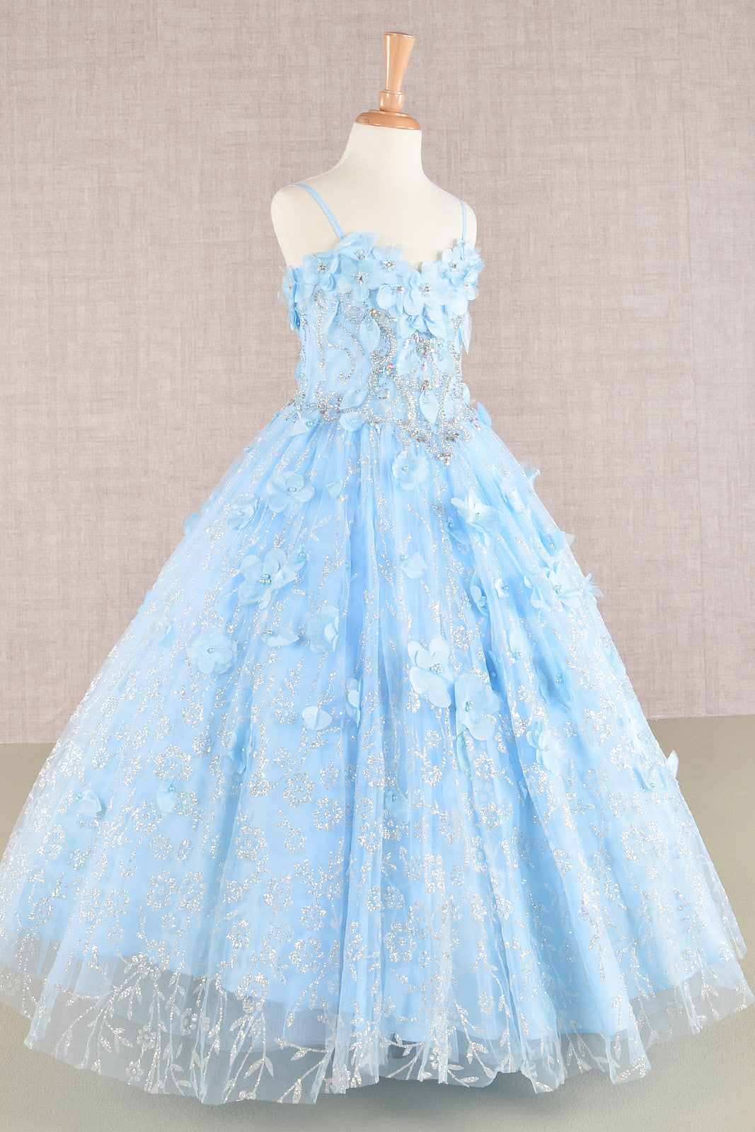 3D Flower Applique Jewel Mesh Kids Dress with Long Mesh Cloak-2