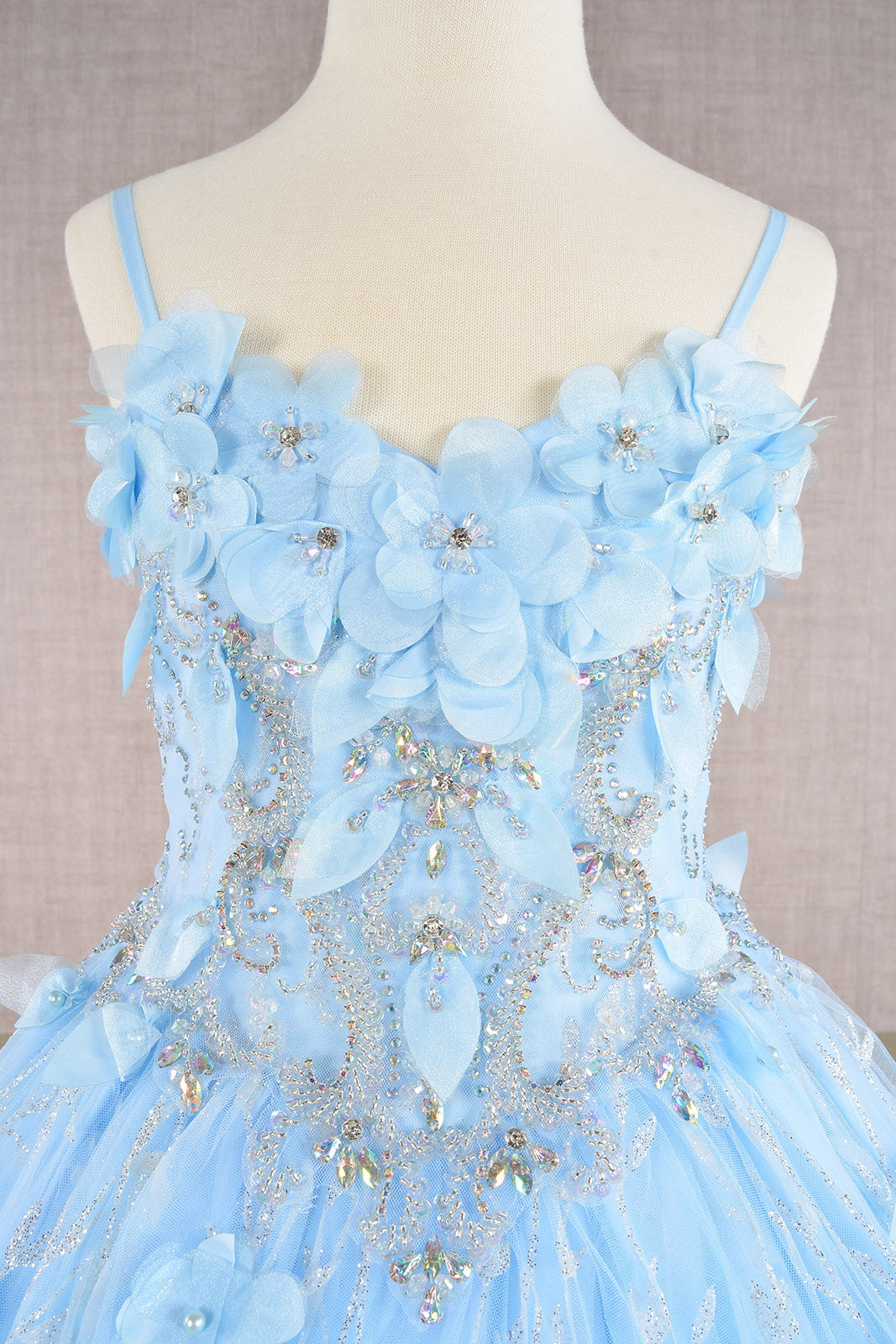 3D Flower Applique Jewel Mesh Kids Dress with Long Mesh Cloak-4