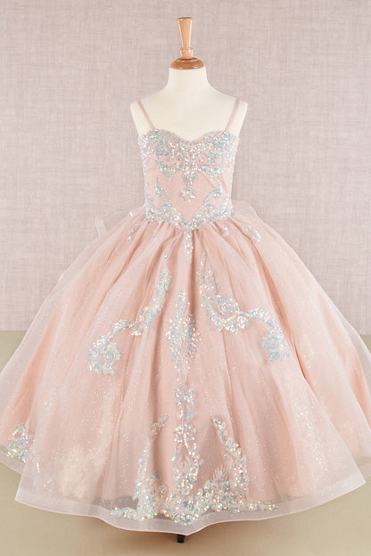 Spaghetti Strap Sequin Mesh Kids Dress with a Detachable Ribbon and Ruffled Back Skirt-0
