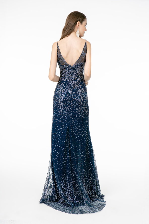 Glitter Mesh Illusion Deep V-Neck Long Dress w/ Slit-6