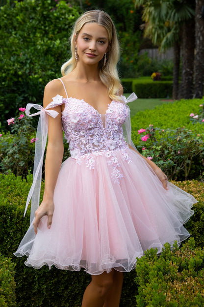 3D Flower and Embroidery Embellished Glitter Mesh Homecoming Dress w/ Lace-Up Back-0
