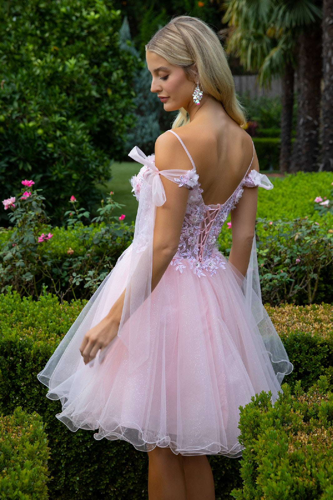 3D Flower and Embroidery Embellished Glitter Mesh Homecoming Dress w/ Lace-Up Back-2