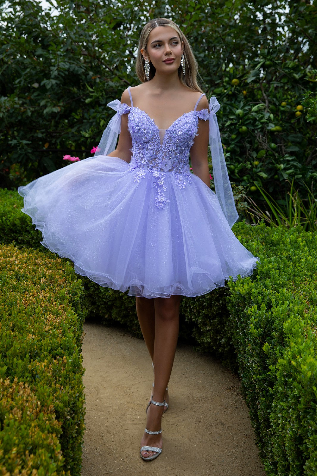 3D Flower and Embroidery Embellished Glitter Mesh Homecoming Dress w/ Lace-Up Back-4