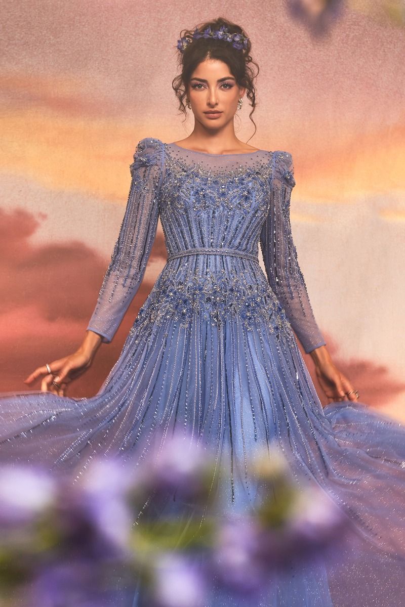 AZURITE BEADED LONG SLEEVE A-LINE GOWN CDA1167-2