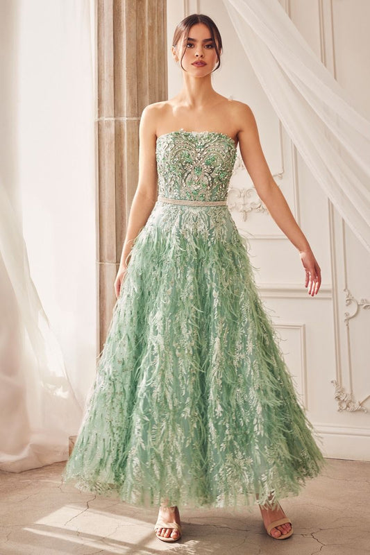 Strapless Feather Skirt Sage Straight Across Tea Length Prom Dress CDA1226-0