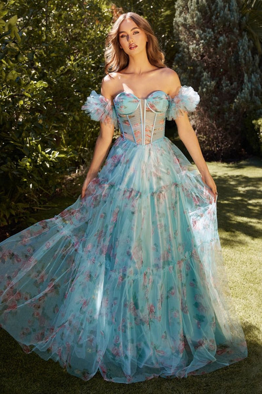 Aqua Blue Floral Corset Gown with Off-Shoulder Sleeves | Romantic Tulle Ball Gown  CDA1285-0