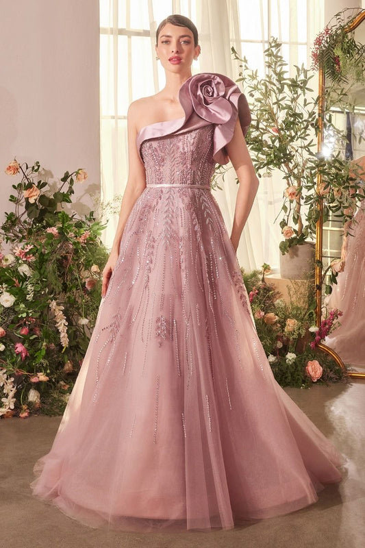 One Shoulder Rosette Mauve Ball Gown-0