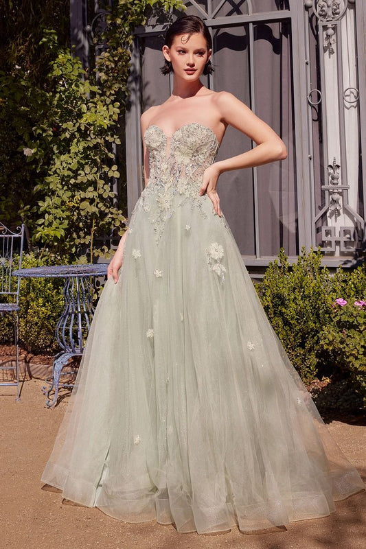 SAGE GREEN STRAPLESS BALL GOWN CDA1418-0