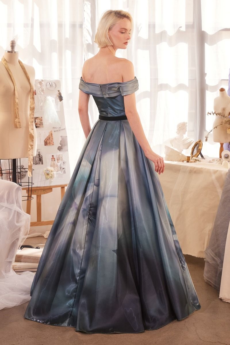 PRINT OFF THE SHOULDER SATIN BALL GOWN CDA1431-1