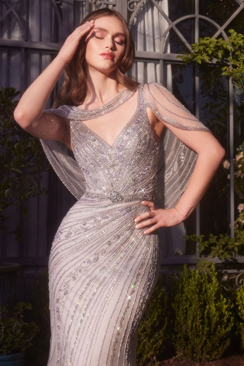 Shoulder Drape Crystal Beaded Gown-2