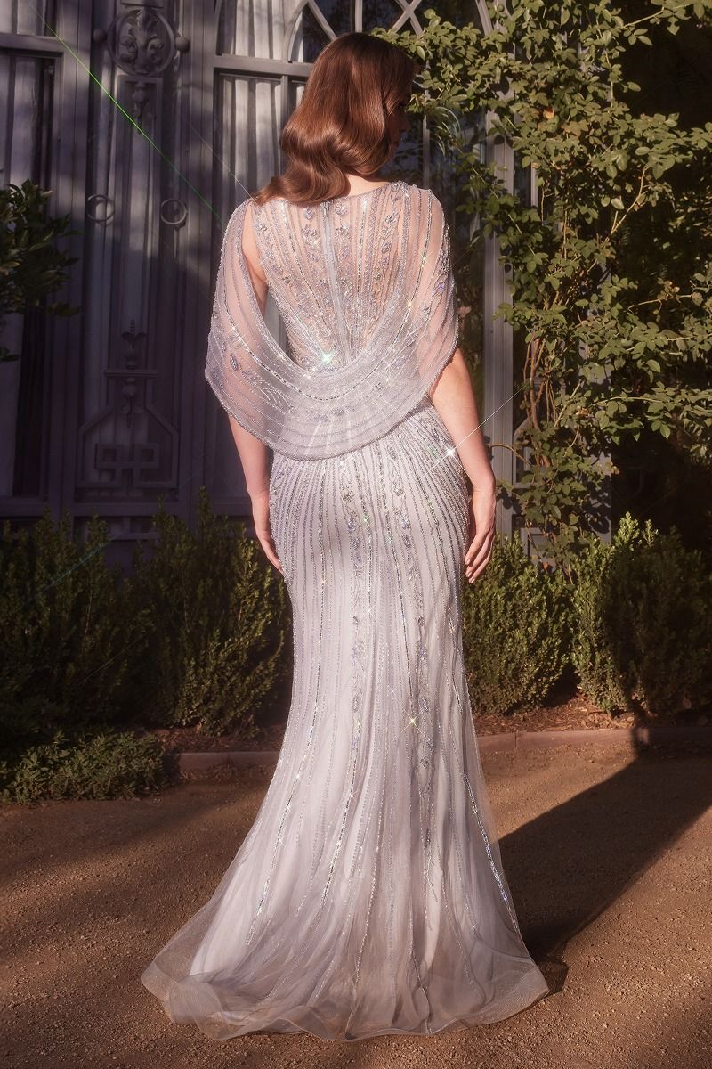 Shoulder Drape Crystal Beaded Gown-3