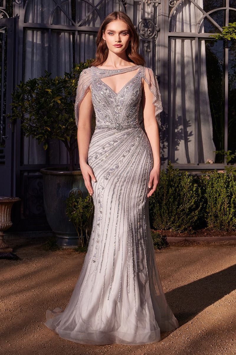 Shoulder Drape Crystal Beaded Gown-4