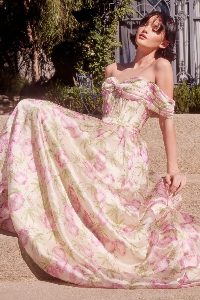 Floral Printed Off The Shoulder A-Line Dress-3