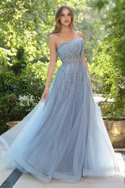 Strapless Layered A-Line Gown w/ Asymmetrical Neckline & Beaded Overlay CDA1491-0