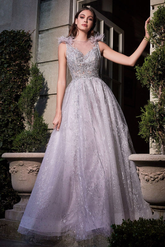 Formal Ball Gown w/ Feathered Shoulders & Illusion V-Neckline CDB704-0