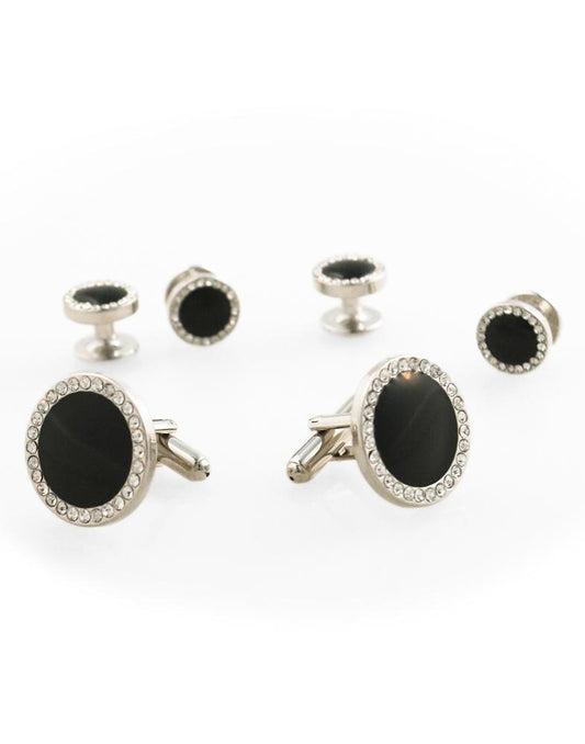 Black Circular Enamel with CZ Border Silver Edge Studs and Cufflinks Set-0