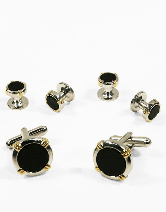 Black Circular Onyx with Silver Trim and Gold Wrapped Accents Studs and Cufflinks Set-0