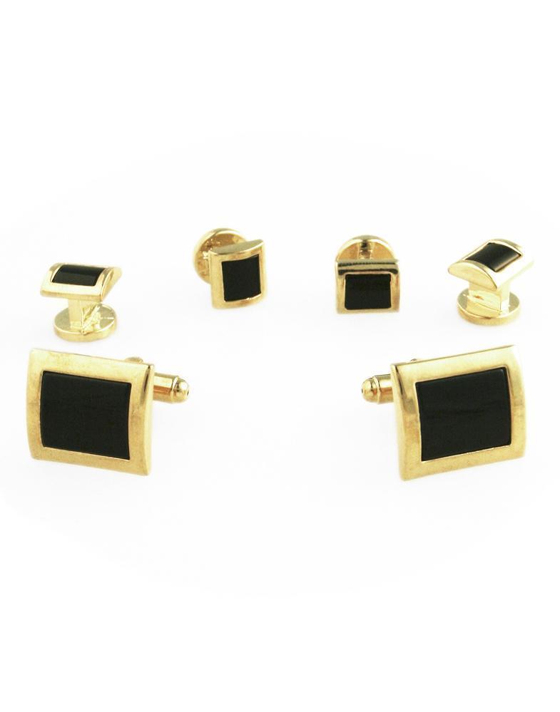 Black Square Convex Onyx with Gold Edge Studs and Cufflinks Set-0