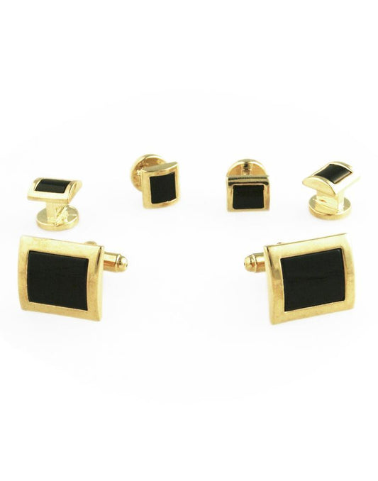 Black Square Convex Onyx with Gold Edge Studs and Cufflinks Set-0