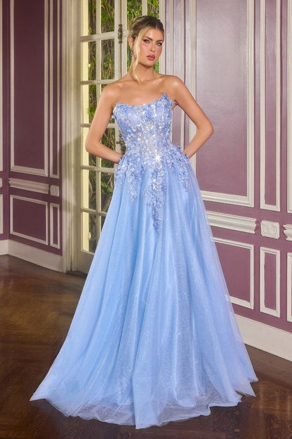 Floral Appliqué Scoop Neck Ball Gown with Shimmer Tulle Skirt-0