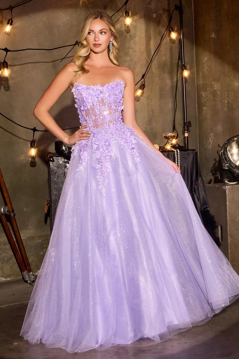 Floral Appliqué Scoop Neck Ball Gown with Shimmer Tulle Skirt-2