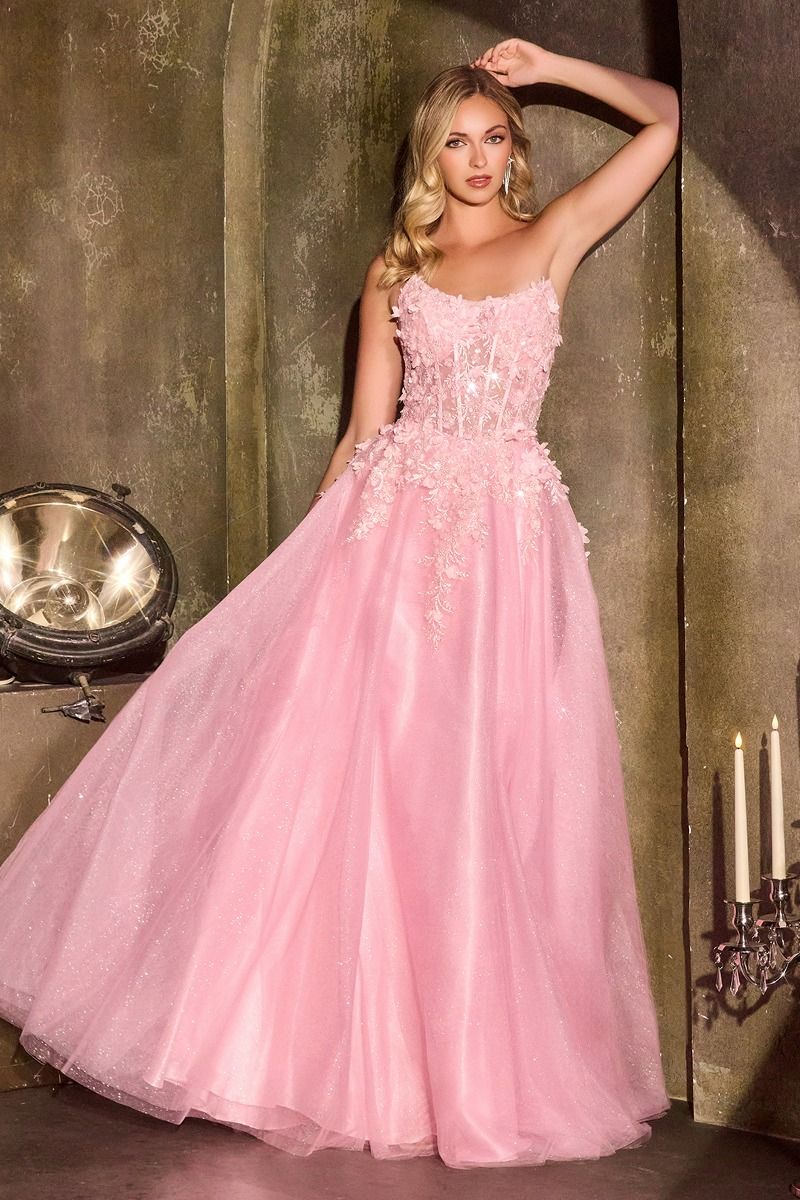 Floral Appliqué Scoop Neck Ball Gown with Shimmer Tulle Skirt-3