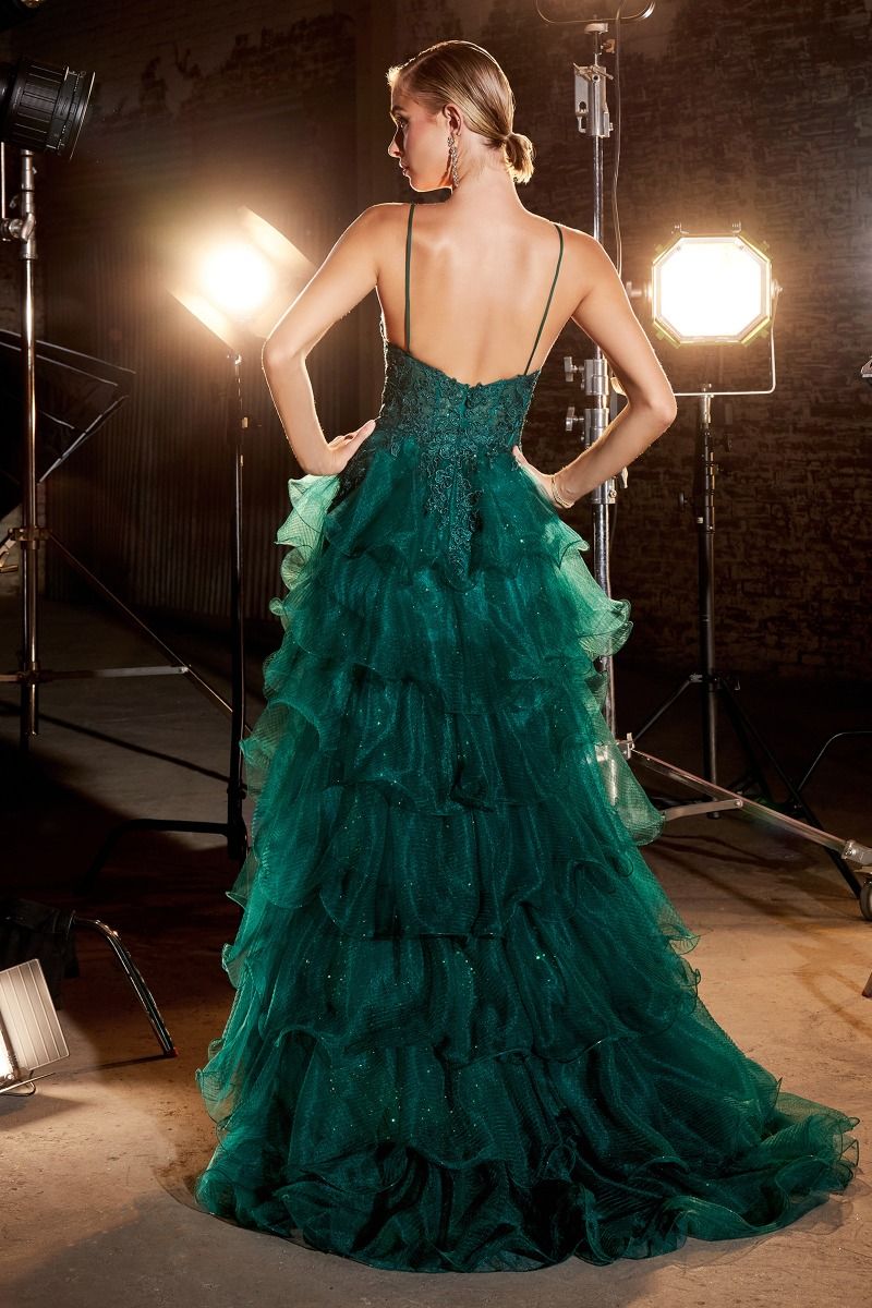 TIERED EMERALD BALL GOWN WITH LACE DETAILS CDCC2998-2