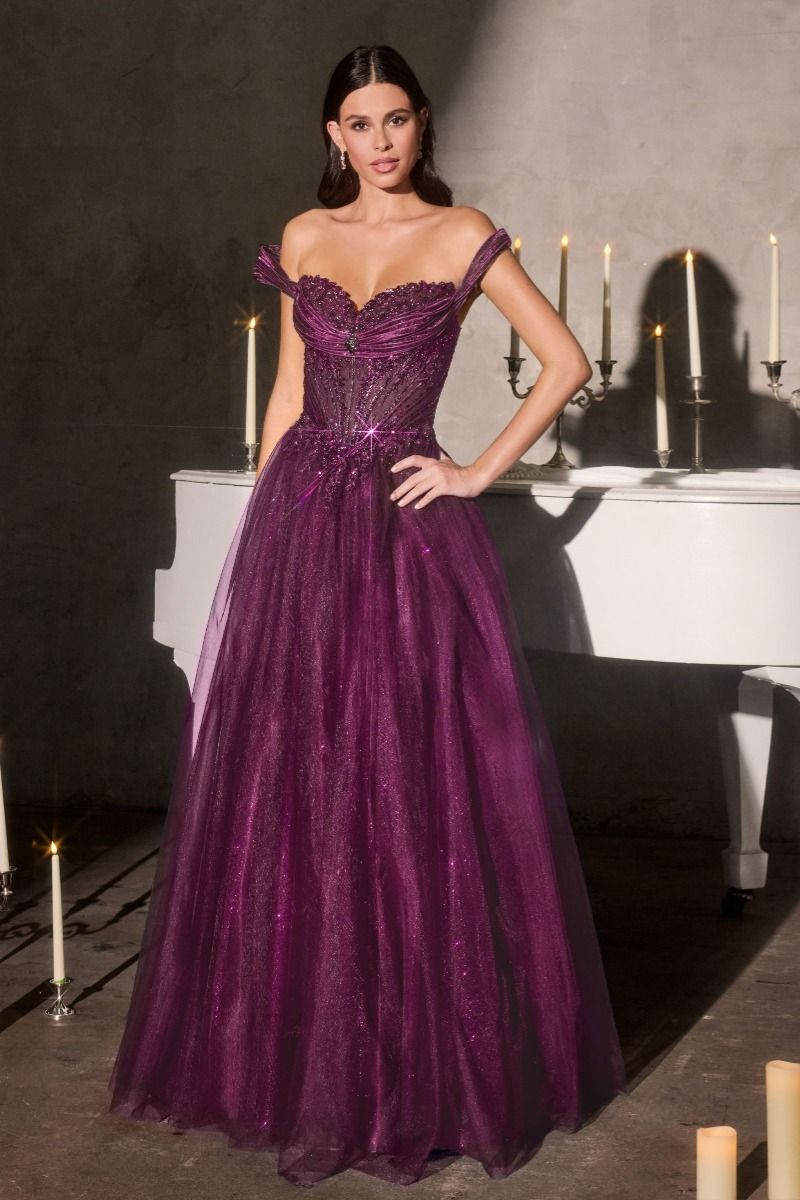 Ball Gown Off-The-Shoulder Neckline Draped Tulle Straps and a Fully Beaded Corset Bodice-1