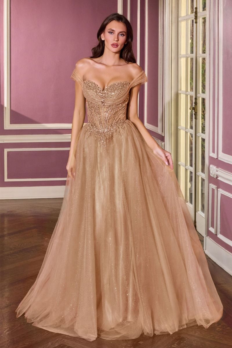 Ball Gown Off-The-Shoulder Neckline Draped Tulle Straps and a Fully Beaded Corset Bodice-2