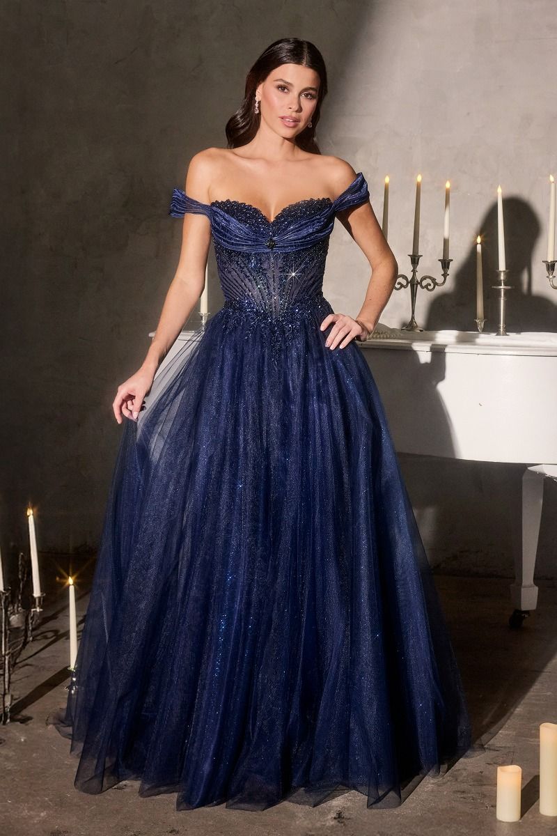 Ball Gown Off-The-Shoulder Neckline Draped Tulle Straps and a Fully Beaded Corset Bodice-3