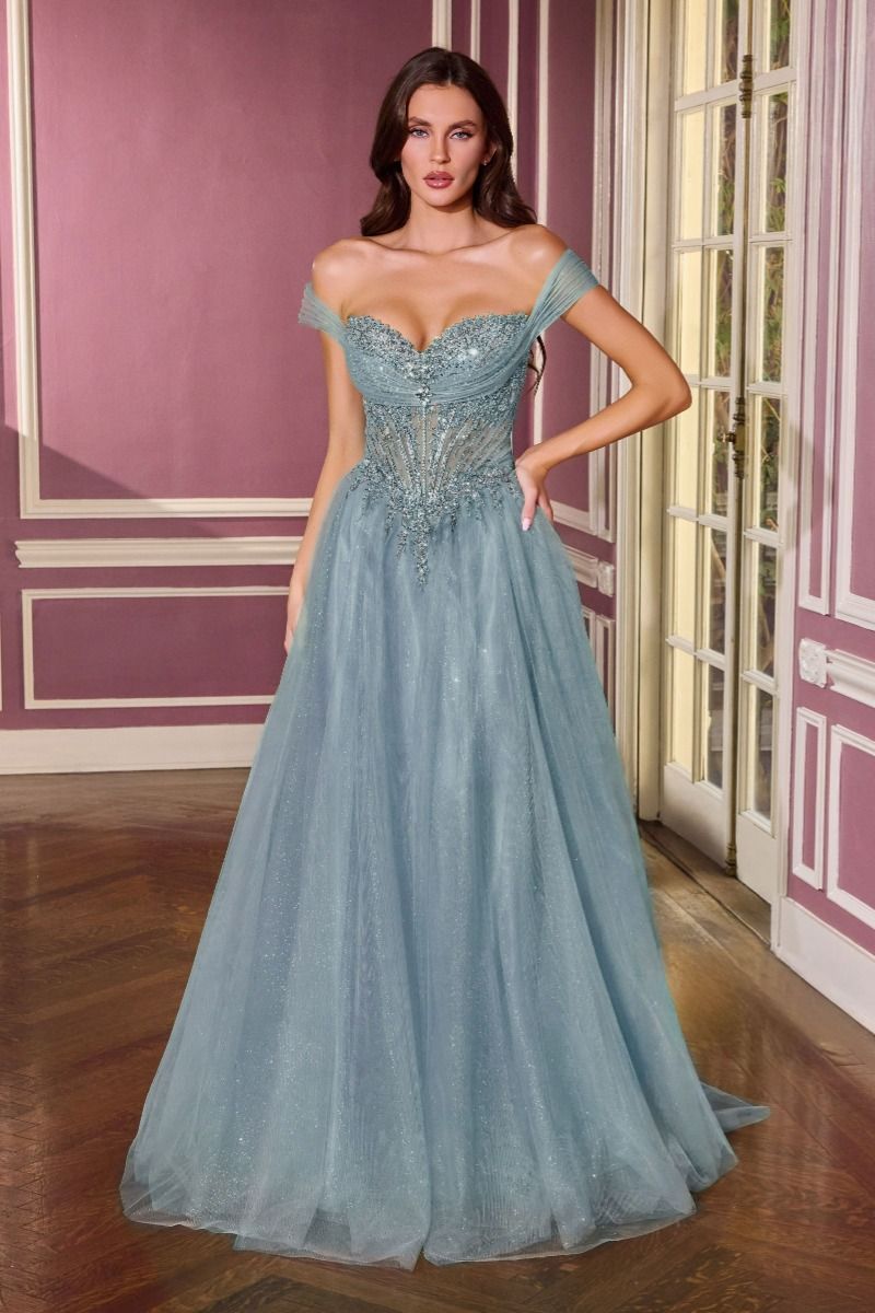 Ball Gown Off-The-Shoulder Neckline Draped Tulle Straps and a Fully Beaded Corset Bodice-4